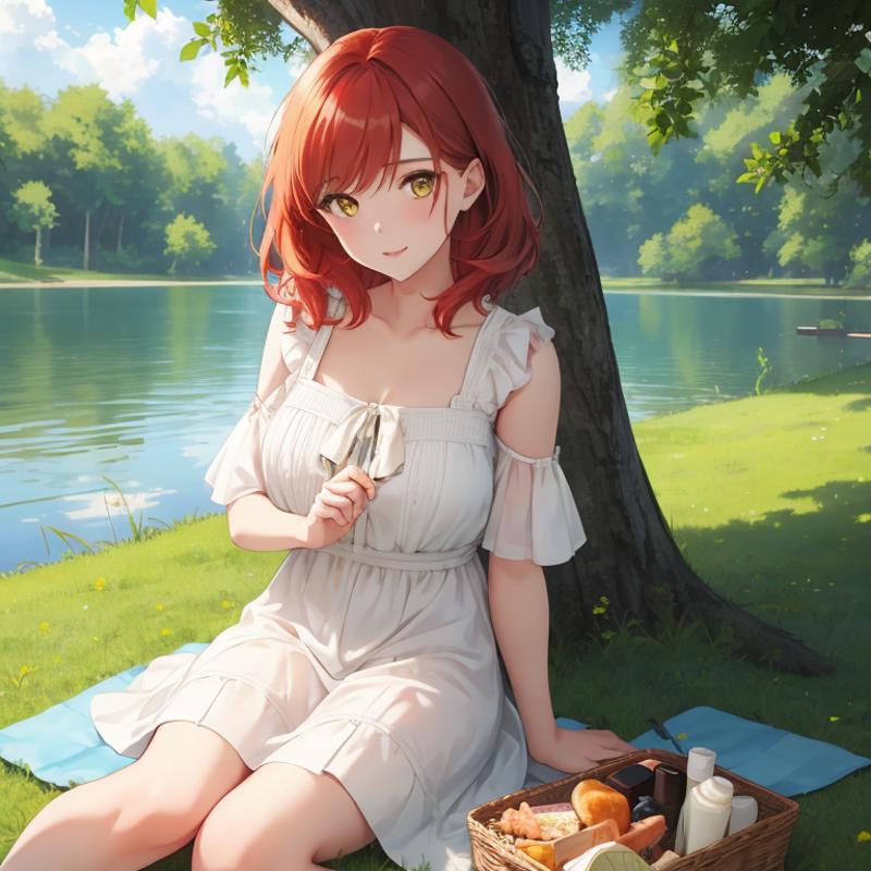 00165-2299588985-1Girl, mature, American, redhead, medium hair, yellow eyes, sitting on a picnic blanket near a lake, elegant summer dress, happy.png